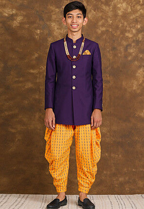 Solid Color Art Silk Sherwani in Purple