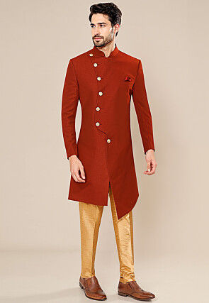 Solid Color Art Silk Sherwani in Red