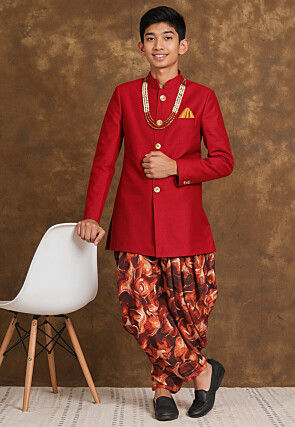 Solid Color Art Silk Sherwani in Red