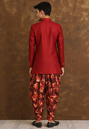 Solid Color Art Silk Sherwani in Red