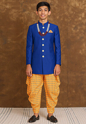 Solid Color Art Silk Sherwani in Royal Blue
