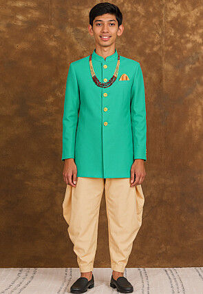 Solid Color Art Silk Sherwani in Sea Green