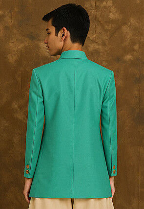 Solid Color Art Silk Sherwani in Sea Green