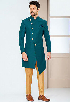 Solid Color Art Silk Sherwani in Teal Blue