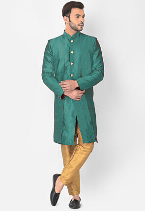 Solid Color Art Silk Sherwani in Teal Green