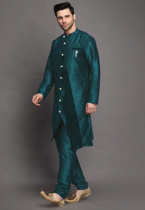 Solid Color Art Silk Kurta Set in Teal Green