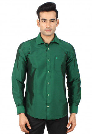 Solid Color Art Silk Shirt in Dark Green