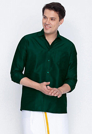 Solid Color Art Silk Shirt in Dark Green