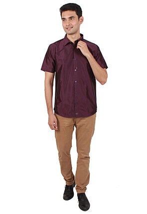Solid Color Art Silk Shirt in Wine Purple