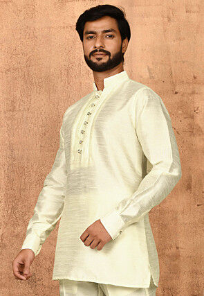 Solid Color Art Silk Short Kurta in Off White