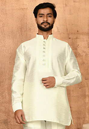 Solid Color Art Silk Short Kurta in Off White