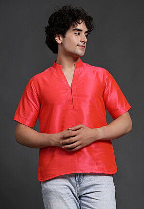 Solid Color Art Silk Short Kurta in Peach