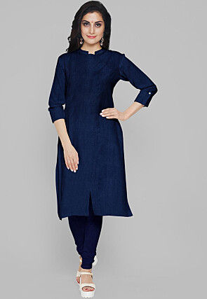 Solid Color Art Silk Straight Cut Suit in Indigo Blue