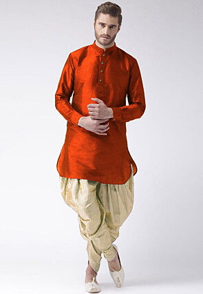 Solid Color Art Silk Straight Dhoti Kurta in Orange