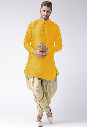 Solid Color Art Silk Straight Dhoti Kurta in Yellow
