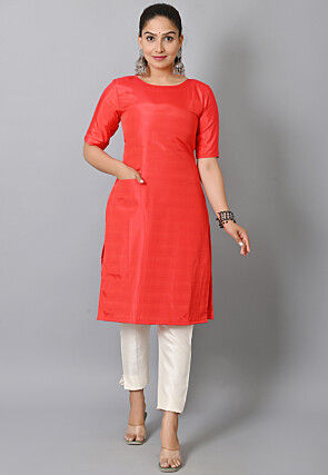 Solid Color Art Silk Straight Kurta in Coral Red