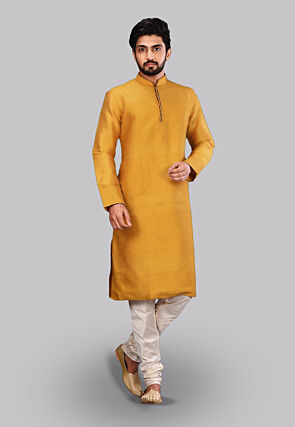 Solid Color Art Silk Straight Kurta in Mustard