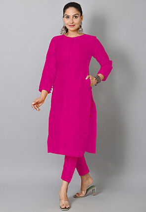 Solid Color Art Silk Straight Kurta in Pink