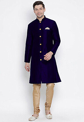Solid Color Art Silk Straight Sherwani in Royal Blue