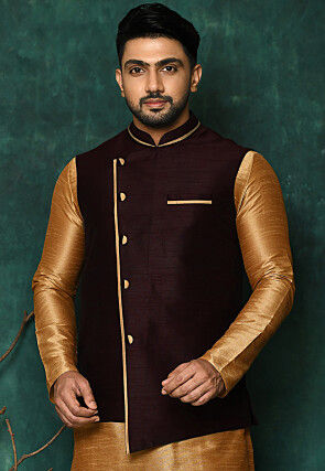Solid Color Asymmetric Dupion Silk Nehru Jacket in Dark Wine