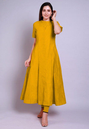 Solid Color Chanderi Cotton Anarkali Kurta Set in Mustard