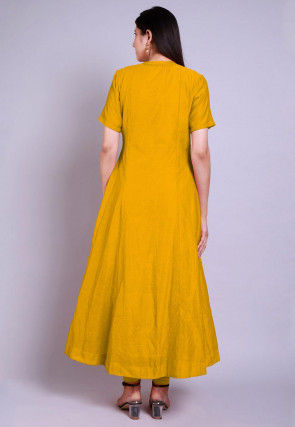 Solid Color Chanderi Cotton Anarkali Kurta Set in Mustard