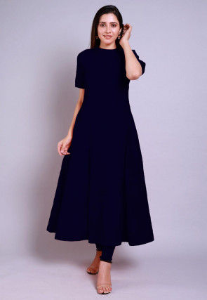 Solid Color Chanderi Cotton Anarkali Kurta Set in Navy Blue
