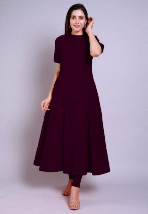 Solid Color Chanderi Cotton Anarkali Kurta Set in Wine