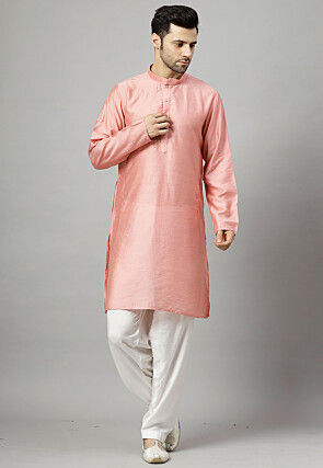 Solid Color Chanderi Cotton Kurta Set in Peach