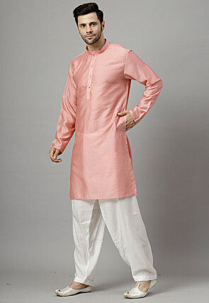 Solid Color Chanderi Cotton Kurta Set in Peach