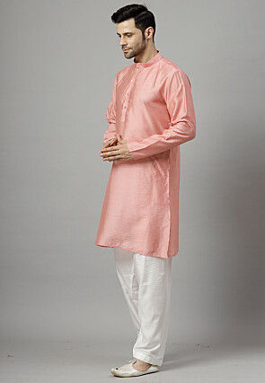 Solid Color Chanderi Cotton Kurta Set in Peach