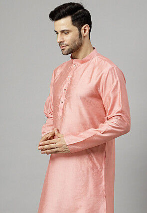 Solid Color Chanderi Cotton Kurta Set in Peach