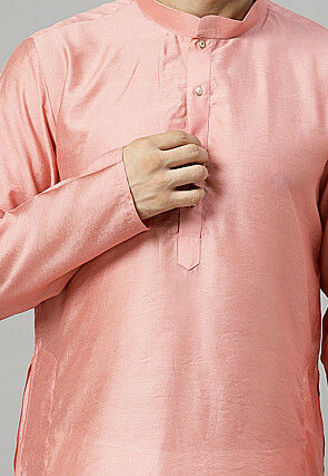 Solid Color Chanderi Cotton Kurta Set in Peach