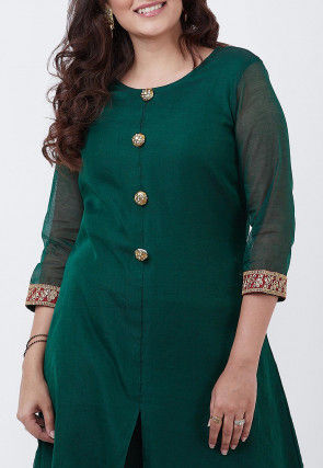 Solid Color Chanderi Silk A Line Kurta Set in Dark Green