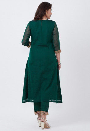 Solid Color Chanderi Silk A Line Kurta Set in Dark Green
