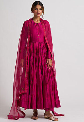 Solid Color Chanderi Silk Abaya Style Suit in Dark Fuchsia