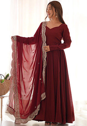 Solid Color Chanderi Silk Abaya Style Suit in Maroon