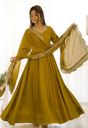Solid Color Chanderi Silk Abaya Style Suit in Mustard