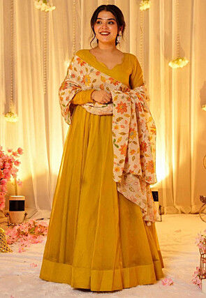 Solid Color Chanderi Silk Abaya Style Suit in Mustard