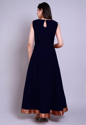 Solid Color Chanderi Silk Abaya Style Suit in Navy Blue