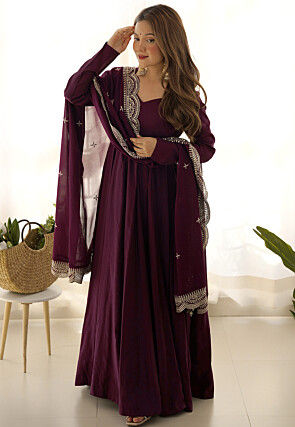 Solid Color Chanderi Silk Abaya Style Suit in Wine