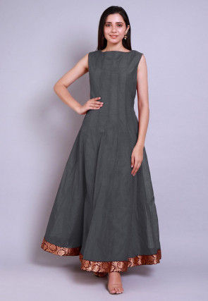 Solid Color Chanderi Silk Anarkali Kurta in Grey
