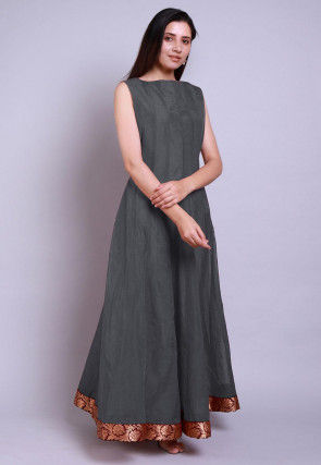 Solid Color Chanderi Silk Anarkali Kurta in Grey