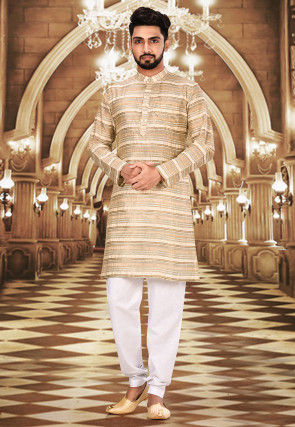 Solid Color Chanderi Silk Kurta Set in Beige