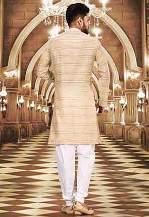 Solid Color Chanderi Silk Kurta Set in Beige