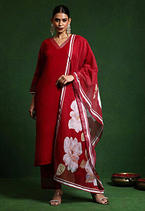 Solid Color Chanderi Silk Pakistani Suit in Maroon