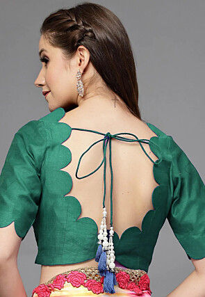 Solid Color Chanderi Silk Scalloped Blouse in Dark Green