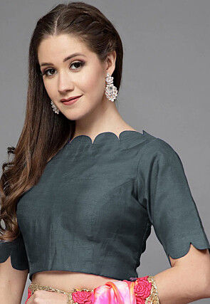 Solid Color Chanderi Silk Scalloped Blouse in Grey