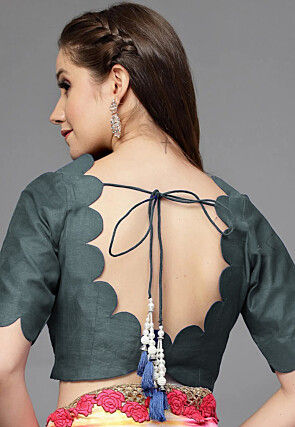 Solid Color Chanderi Silk Scalloped Blouse in Grey