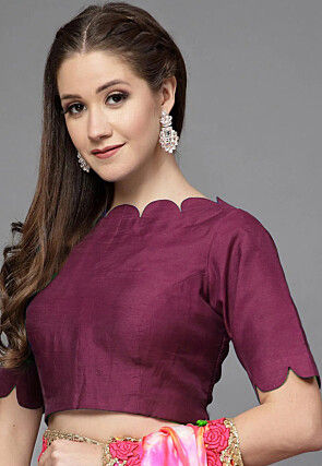 Solid Color Chanderi Silk Scalloped Blouse in Purple